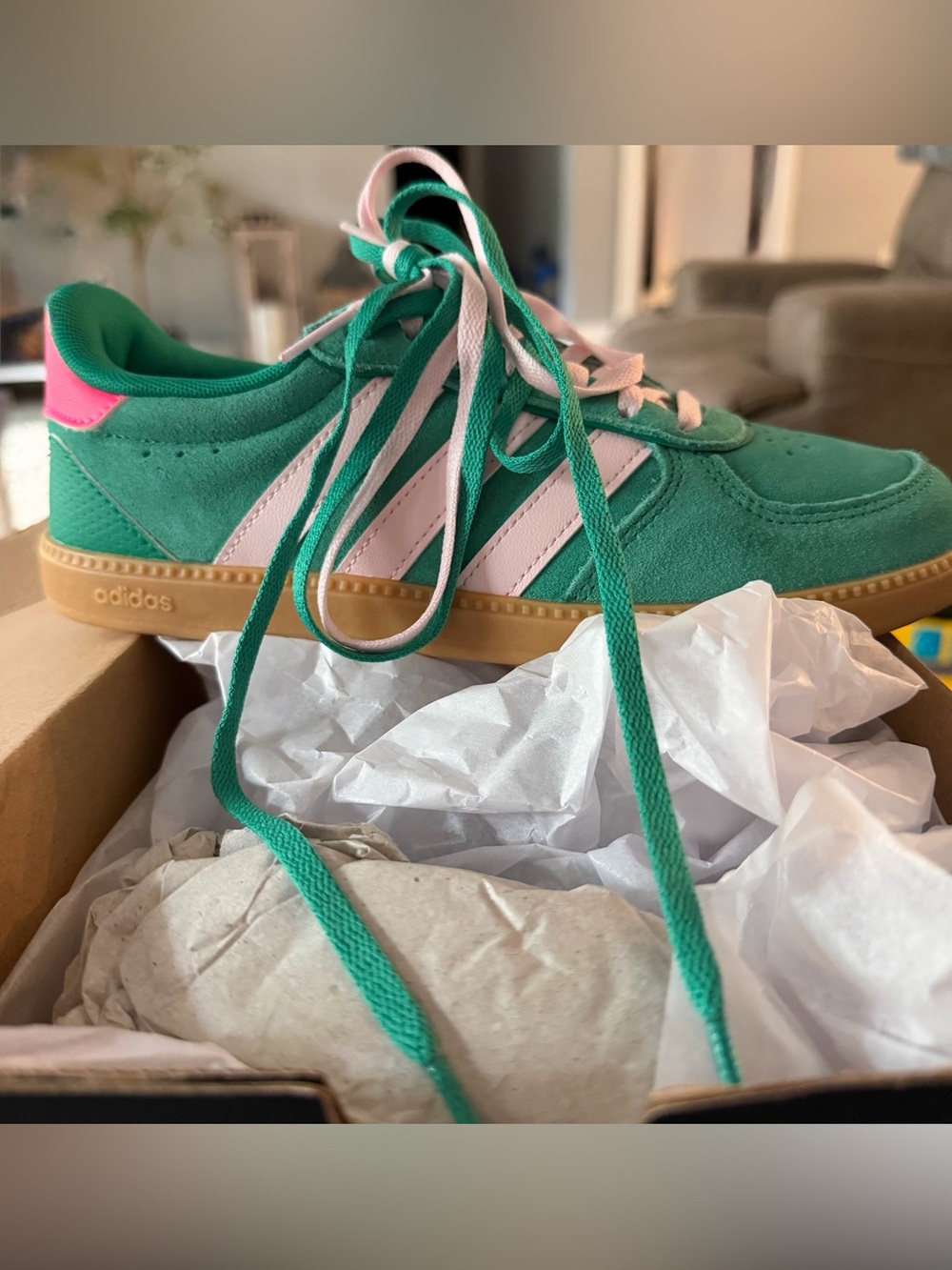 adidas Kids Green Suede Sneakers with Pink Stripes and Gum Sole